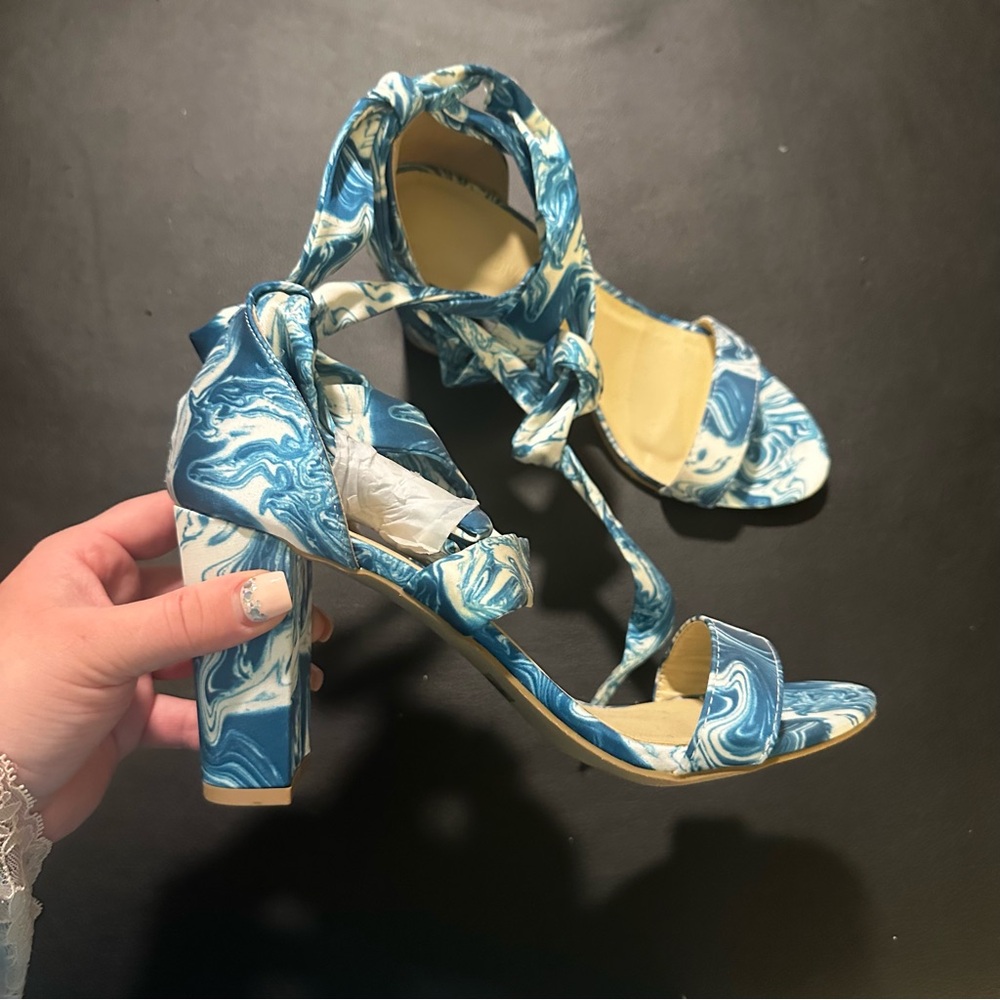 Wild Diva Satin Lace-Up Marble Block Heel Sandals - Picture 7 of 13